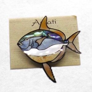 Mother of Pearl and Wood Fish Brooch